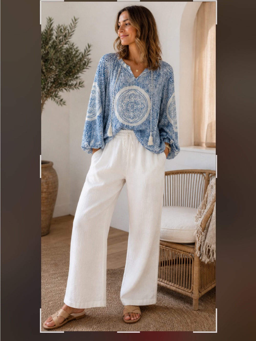Blue and Silver Accent Medallion Print Peasant Blouse